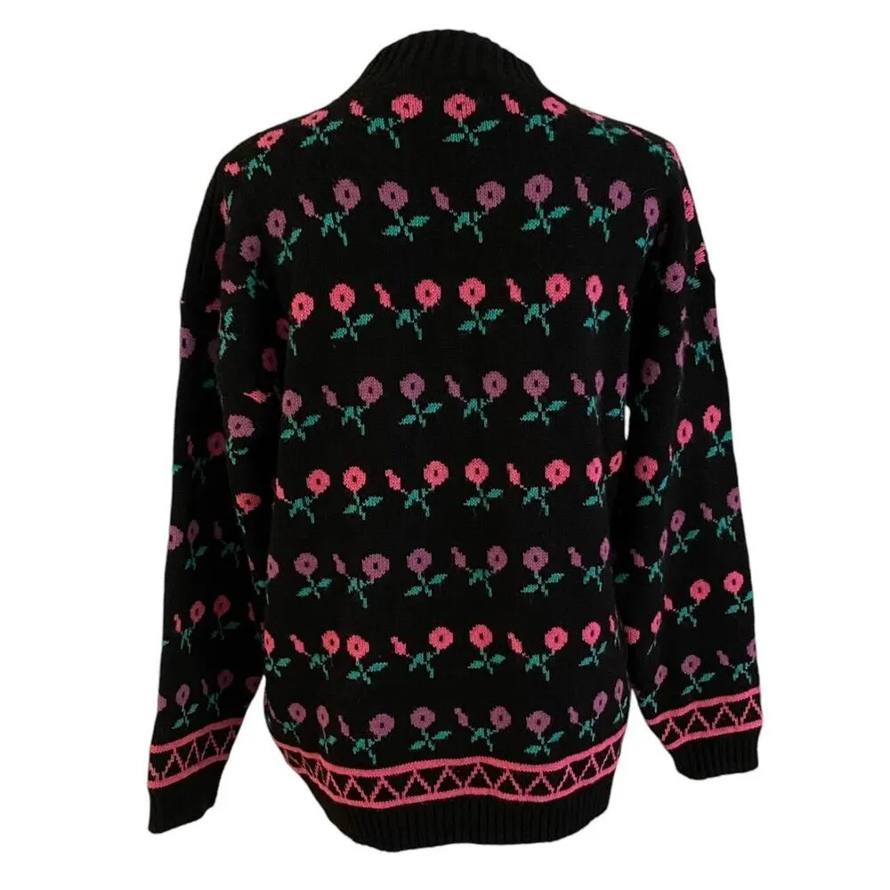 Vintage Size L Allover Floral Print Mock Neck Sweater Jumper Black Size L - Image 2