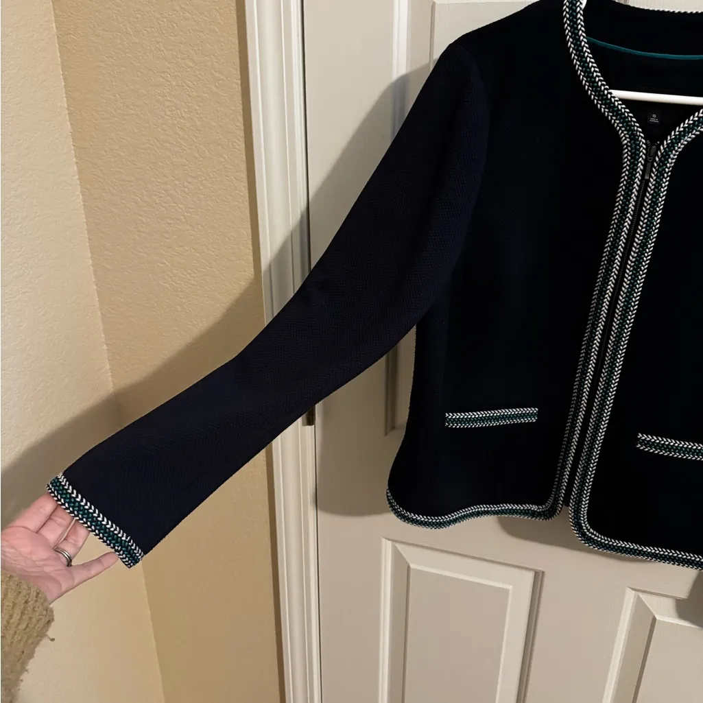 Talbots Braided Trim Zip Jacket Blazer Pockets Navy Green White Size 10 - Image 5