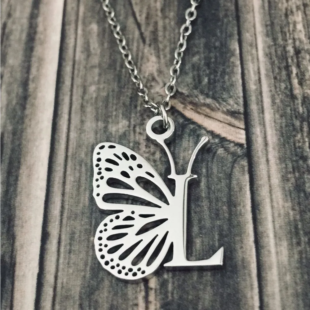 Letter L Initial Butterfly Necklace Silver - Image 4
