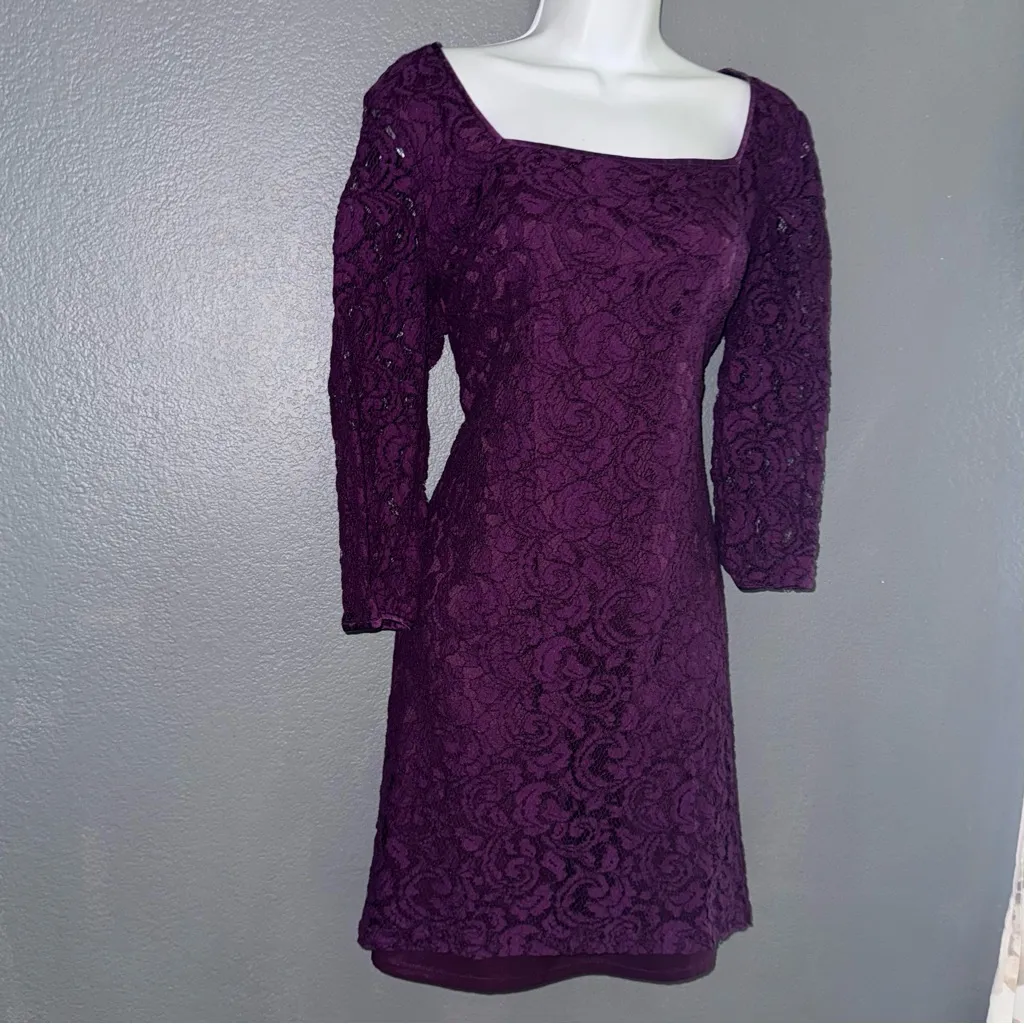 Adrianna Papell Deep Purple Lace Long Sleeve Sheath Square Neck Dress Large 14 - Image 2