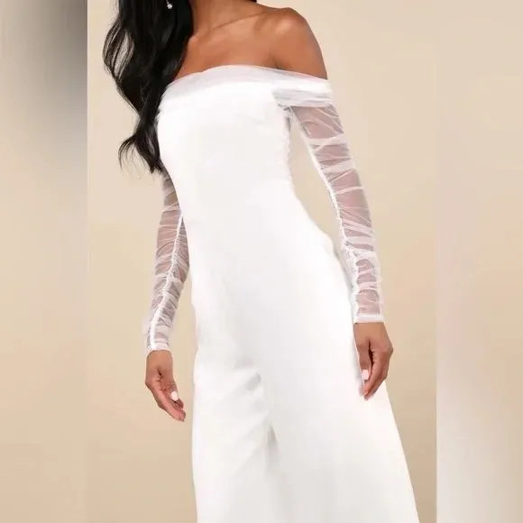 Lulus Eternal Bliss White Tulle Off-The-Shoulder Wide-Leg Jumpsuit Size‎ L - Image 6