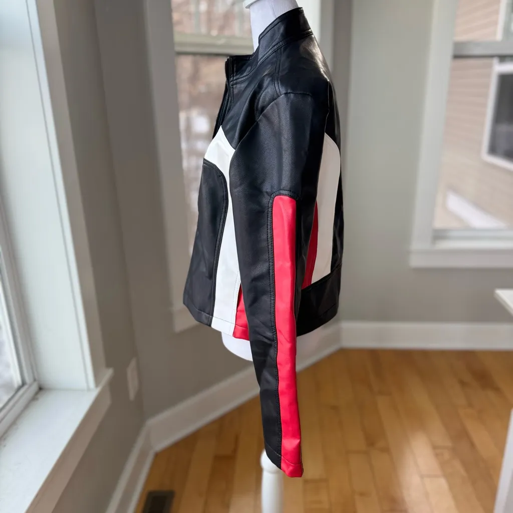 STOOSH Black Red White Stripe Vegan Leather Cropped Moto Jacket Size Medium - Image 3
