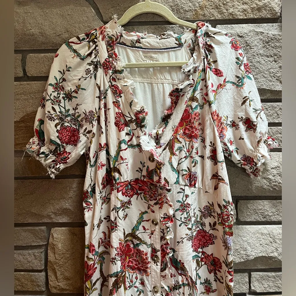 Anthropologie Pilcro Ruffle-Collar Buttondown Dress Cream Floral Boho Size 12 - Image 4