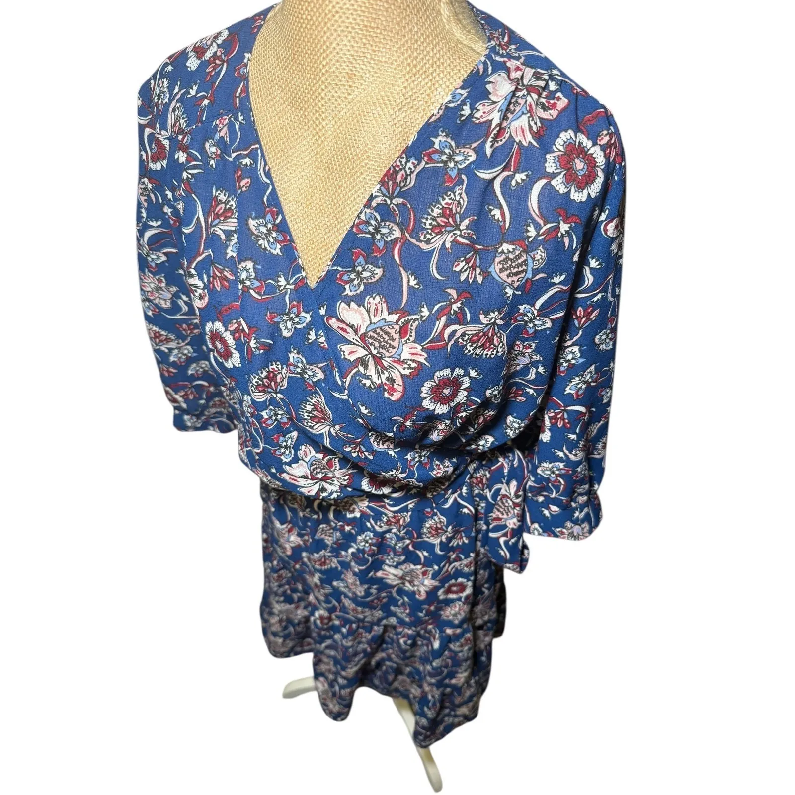 GERARD DAREL Paris Floral Wrap Dress Midi Blue Red White Women Size 10 - Image 4