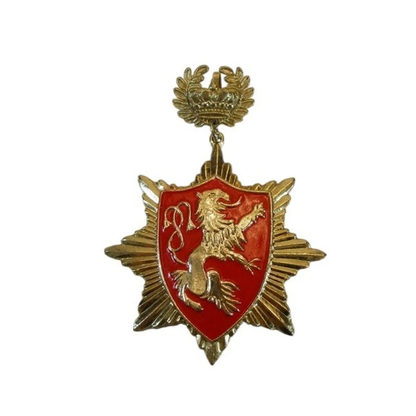 Vintage Heraldic Lion Crest Brooch Red Enamel Crown Starburst Coat of Arms Pin - Image 2