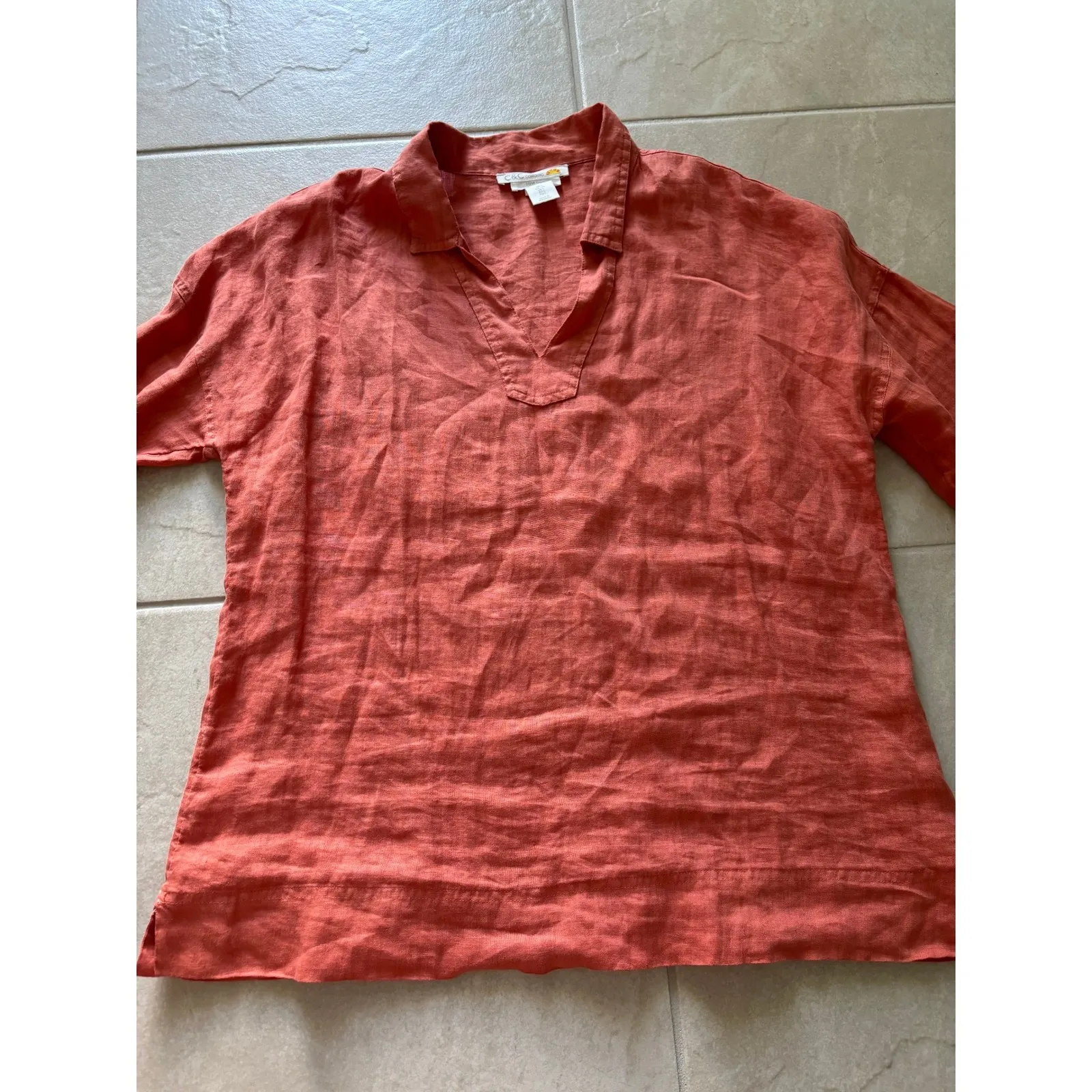 C & C California Top Womens Large Orange Linen Collared Beach Coastal‎ Preppy - Image 4