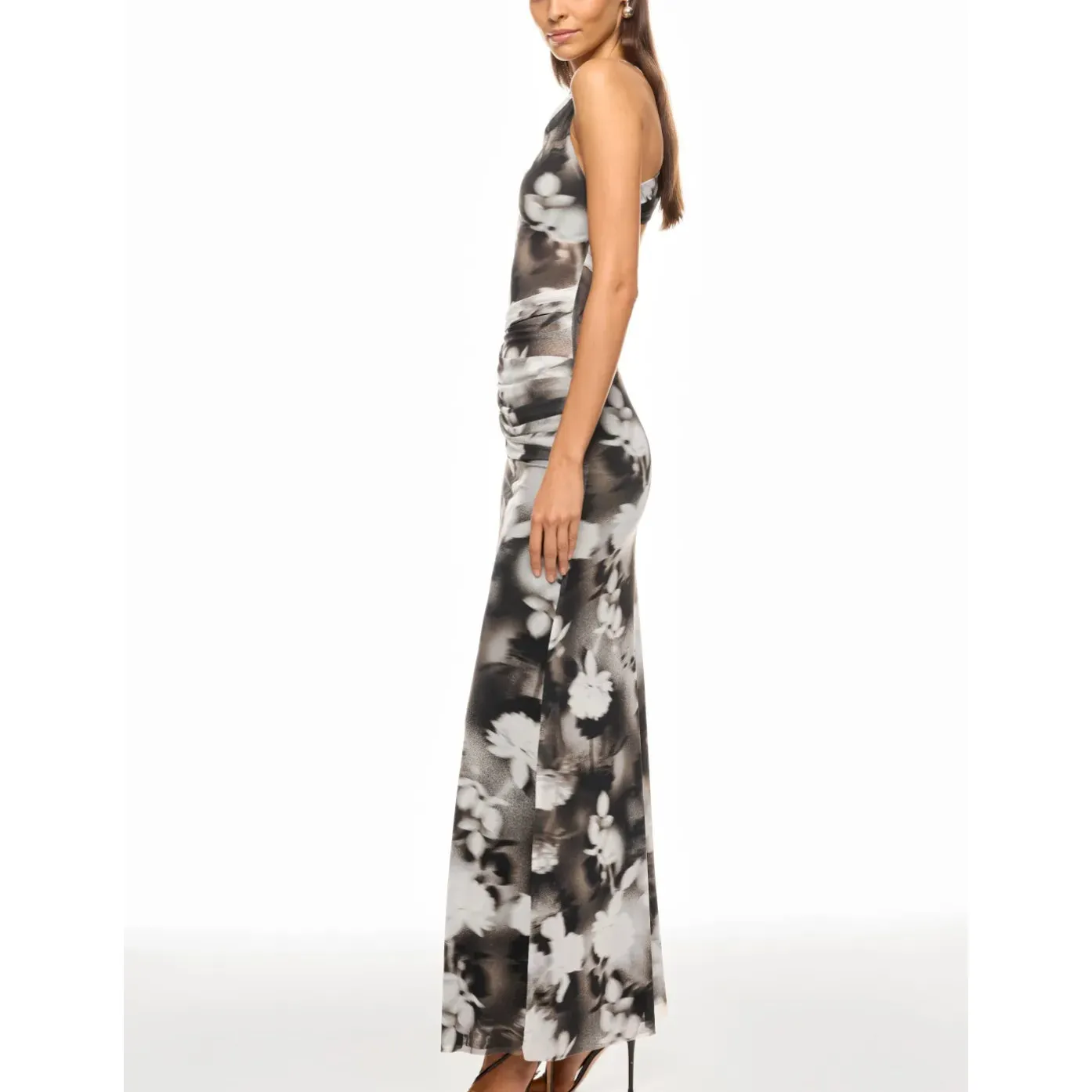 Bec & Bridge Gray Mesh Maxi Dress SIZE 4 Formal Gown Floral Ruched Designer $300 - Image 2