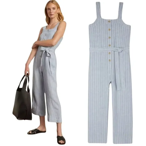Everlane Linen Striped Button Up Jumpsuit Women's 4 Blue Tie Waist Boho Coastal - Image 2