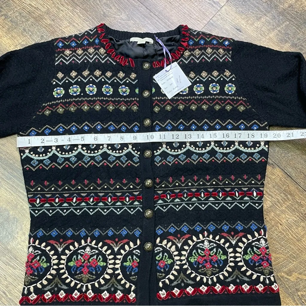 NEW Carson Sweater Cardigan Coat Black Floral Embroidered Womens Small Wool - Image 4
