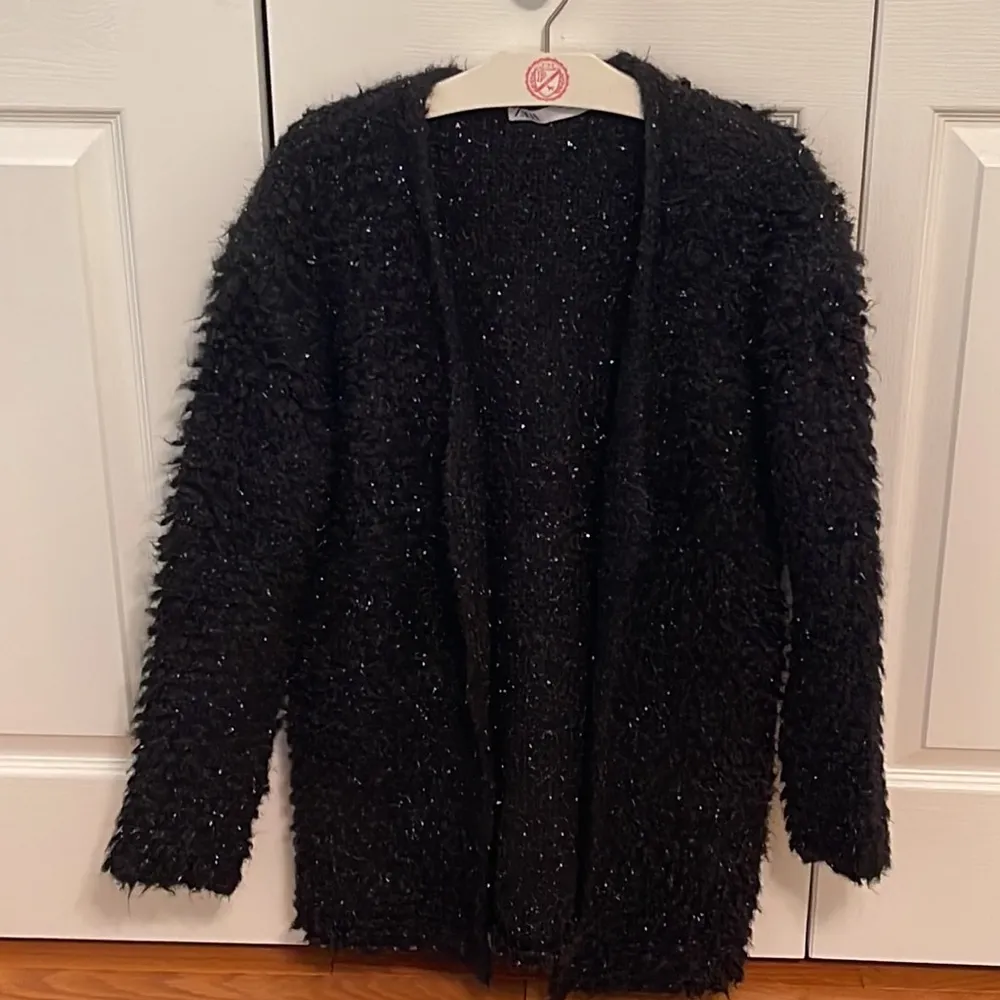 Zara Knit Black Sparkle Eyelash Fuzzy Textured Duster Cardigan - Image 2