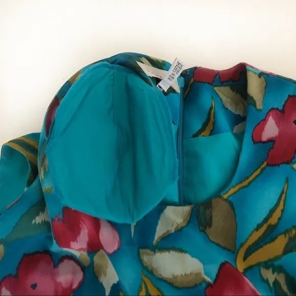 PAPELL Petites 100% Silk Turquoise Teal Floral Sheath Dress Size 2P Vintage - Image 8