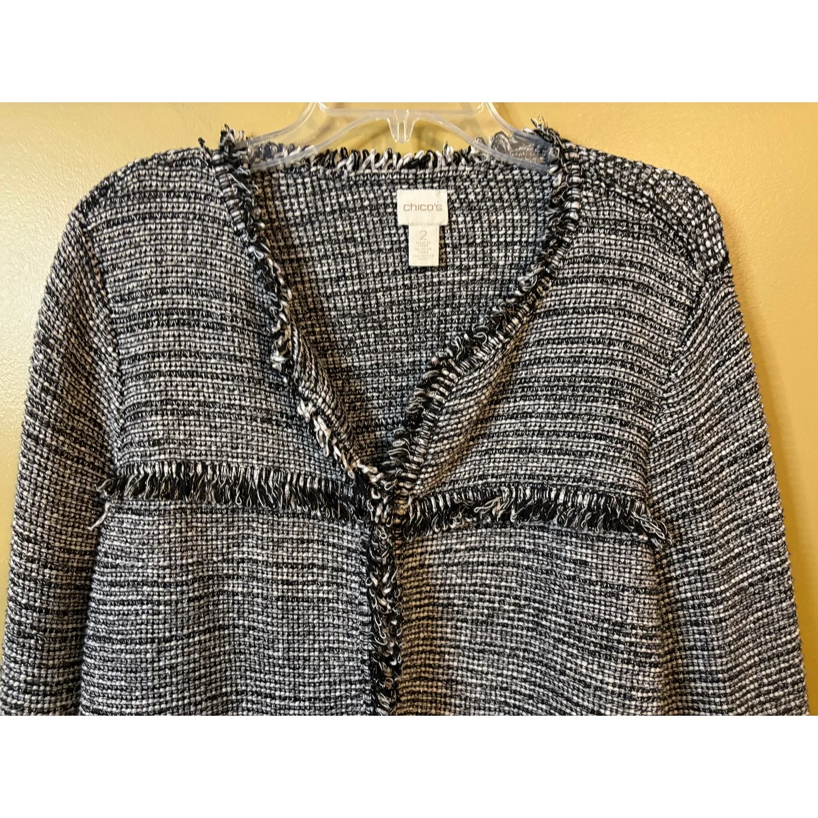 Chico's Shawna Cardigan Black and White Tweed with Fringe Detail Size 12 (2) - Image 6