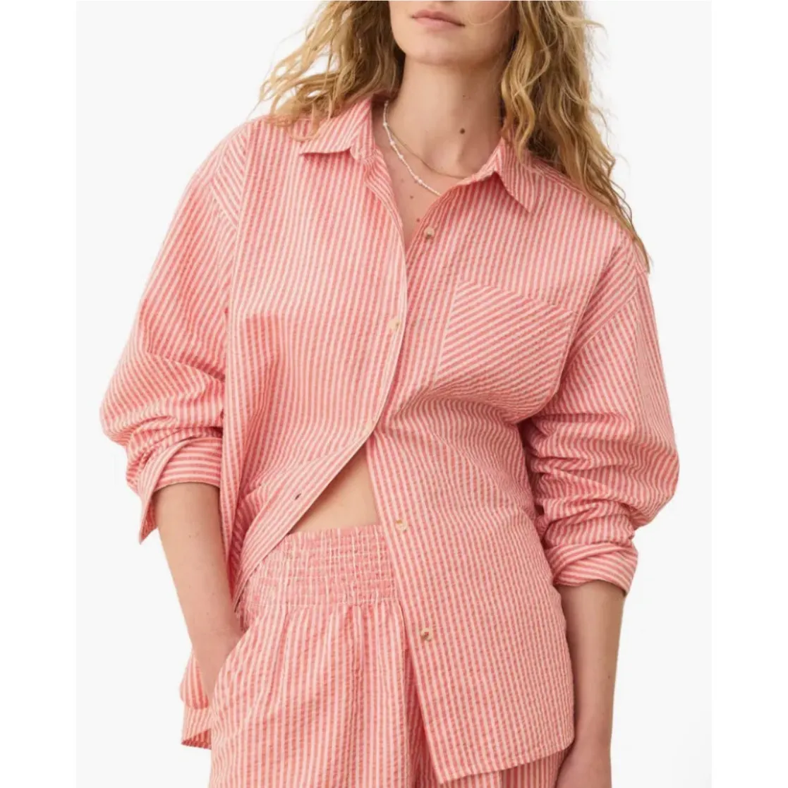 Marine Layer Top Gracey Seersucker Button Up Striped Shirt Orange Beige Medium - Image 4