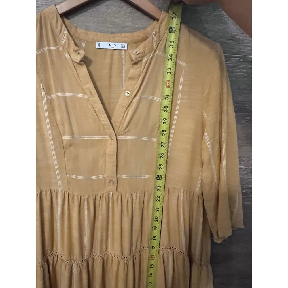 Mango Dress Flowy Sz Large Summer Crotchet Hem V Neck Mustard 3/4 Sleeves - Image 8