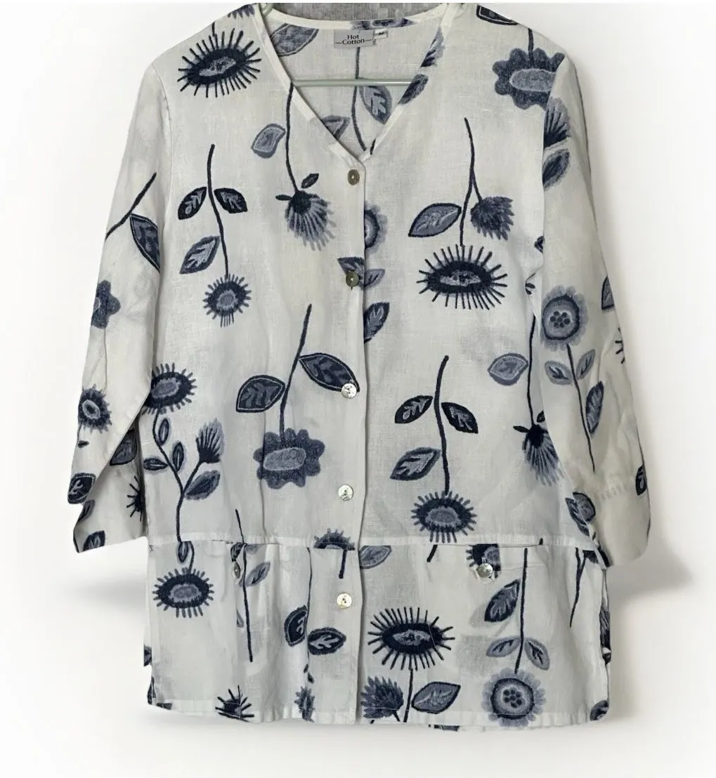 Hot Cotton Linen Blend Button Down Shirt Medium Floral Coastal Grandma White Size XL - Image 1