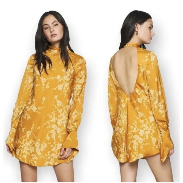 Free People Aries Floral High Neck Open Back Dress Gold Floral Boho Sz S‎ - Image 3