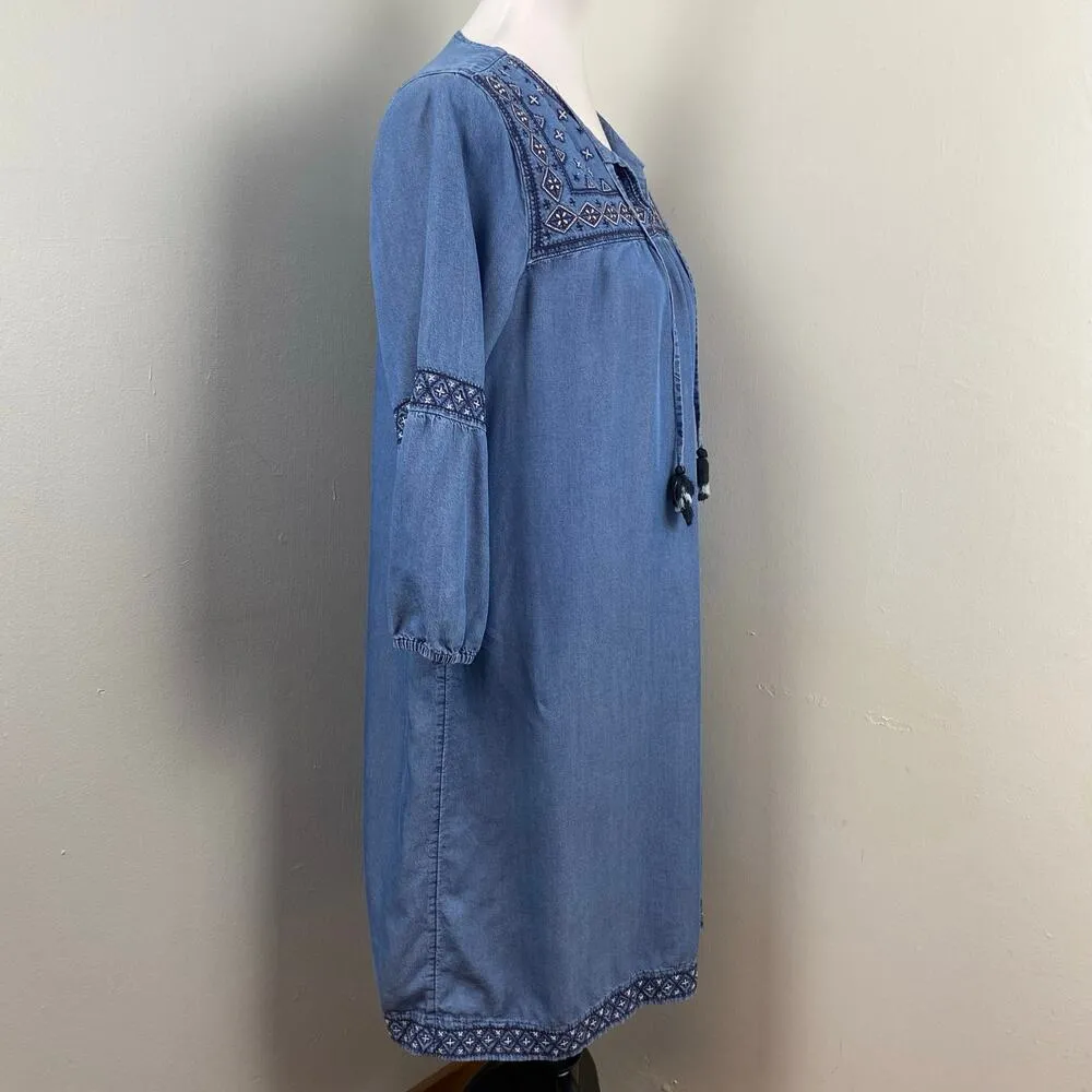J Jill Denim Embroidered Chambray Boho Dress Tassel Tencel Small - Image 8