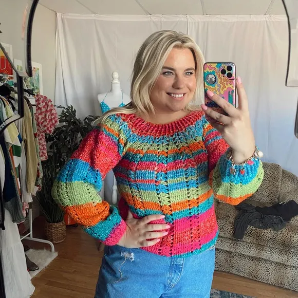 Rainbow Stripe Crochet Knit Long Sleeve Pullover Sweater Size M - Image 36