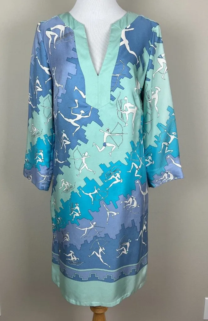 J McLaughlin Dress Women 2 Blue Silk Shift 3/4 Sleeves Split V-Neck Above Knee - Image 1