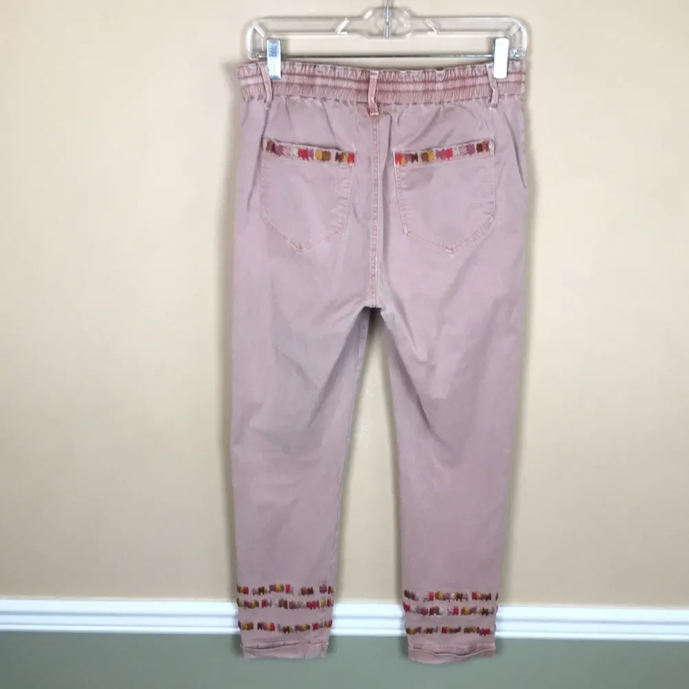 Driftwood Women’s Boho Pink Embroidered Ankle Drawstring Rolled Hem Pants - Image 7