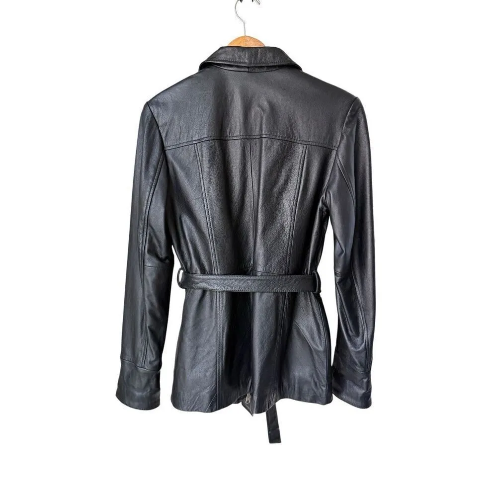 Wilsons Leather Black Long Belted 100% Genuine Leather Jacket - Image 4