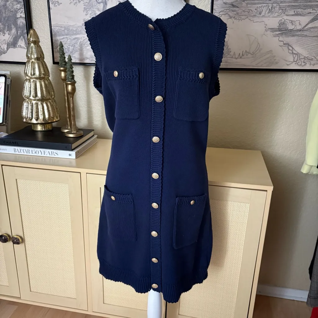 REFORMATION Catalina Cotton Mini Dress In Navy Blue Knit Sleeveless Mini Size L - Image 3