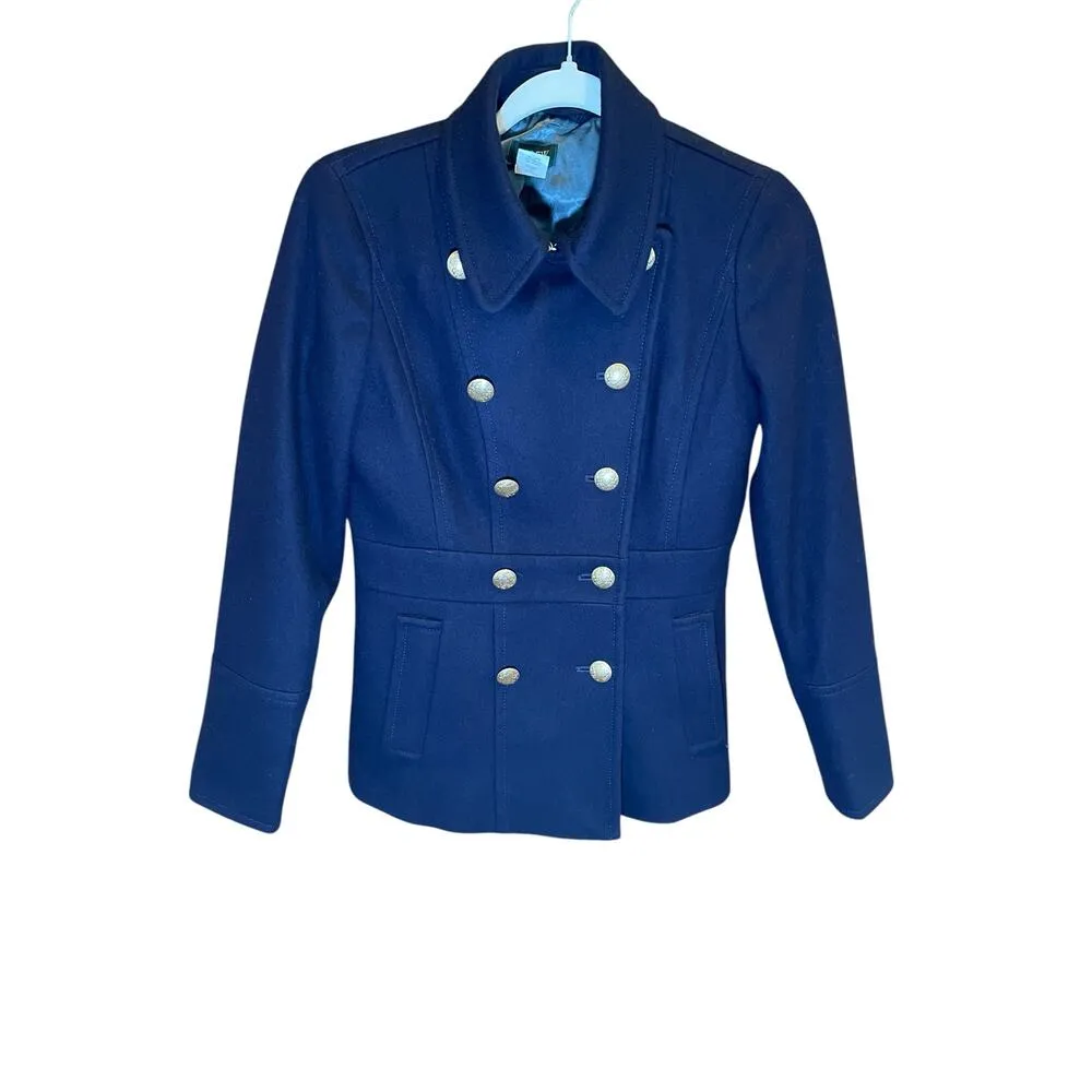 J. Crew Women 0 Navy Blue Preppy Large Gold Button Wool Pea Coat Classic Vintage - Image 2