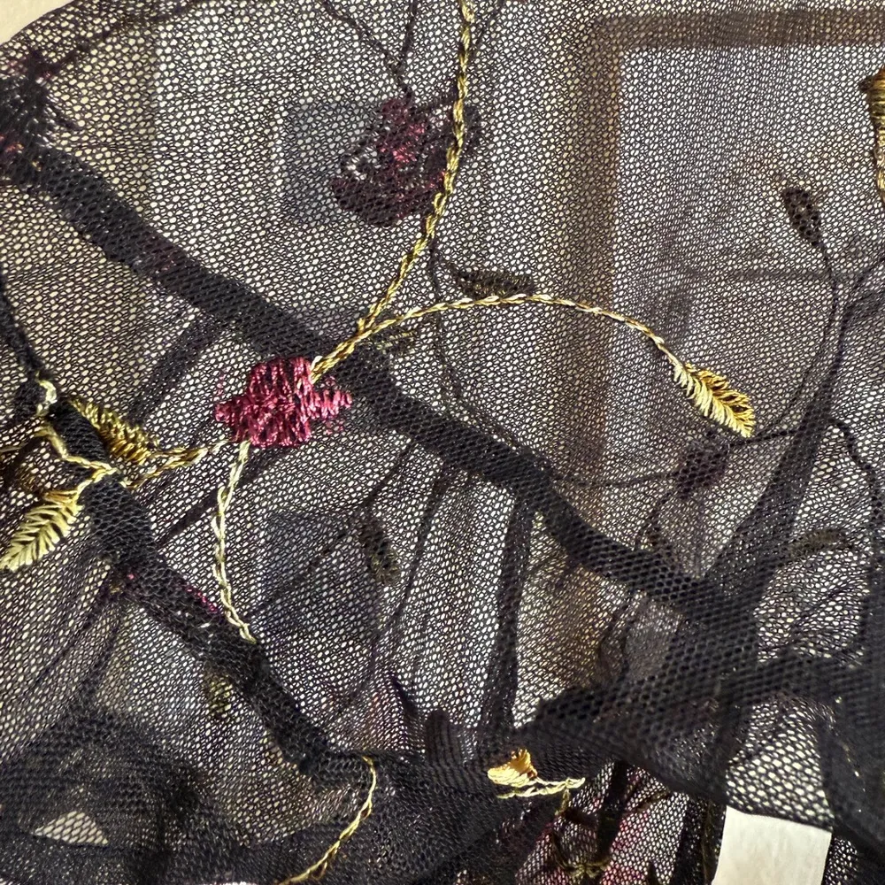 Festival Black Sheer Embroidered Rose Mesh Romantic Floral Overlay Party Top Size L - Image 6