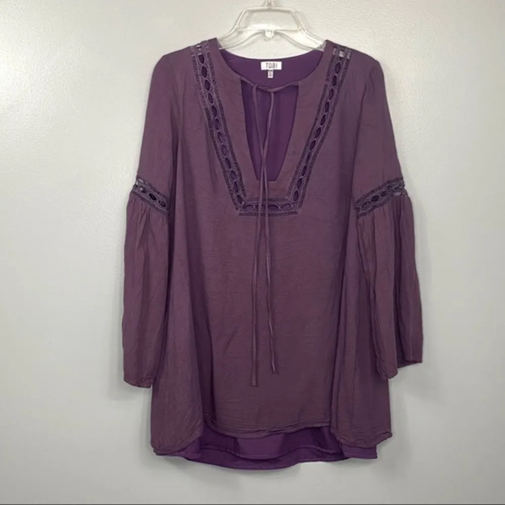 Tobi Purple Boho Peasant Tunic Top Lace Trim Tie Neck Long Sleeve Fall Blouse M - Image 2