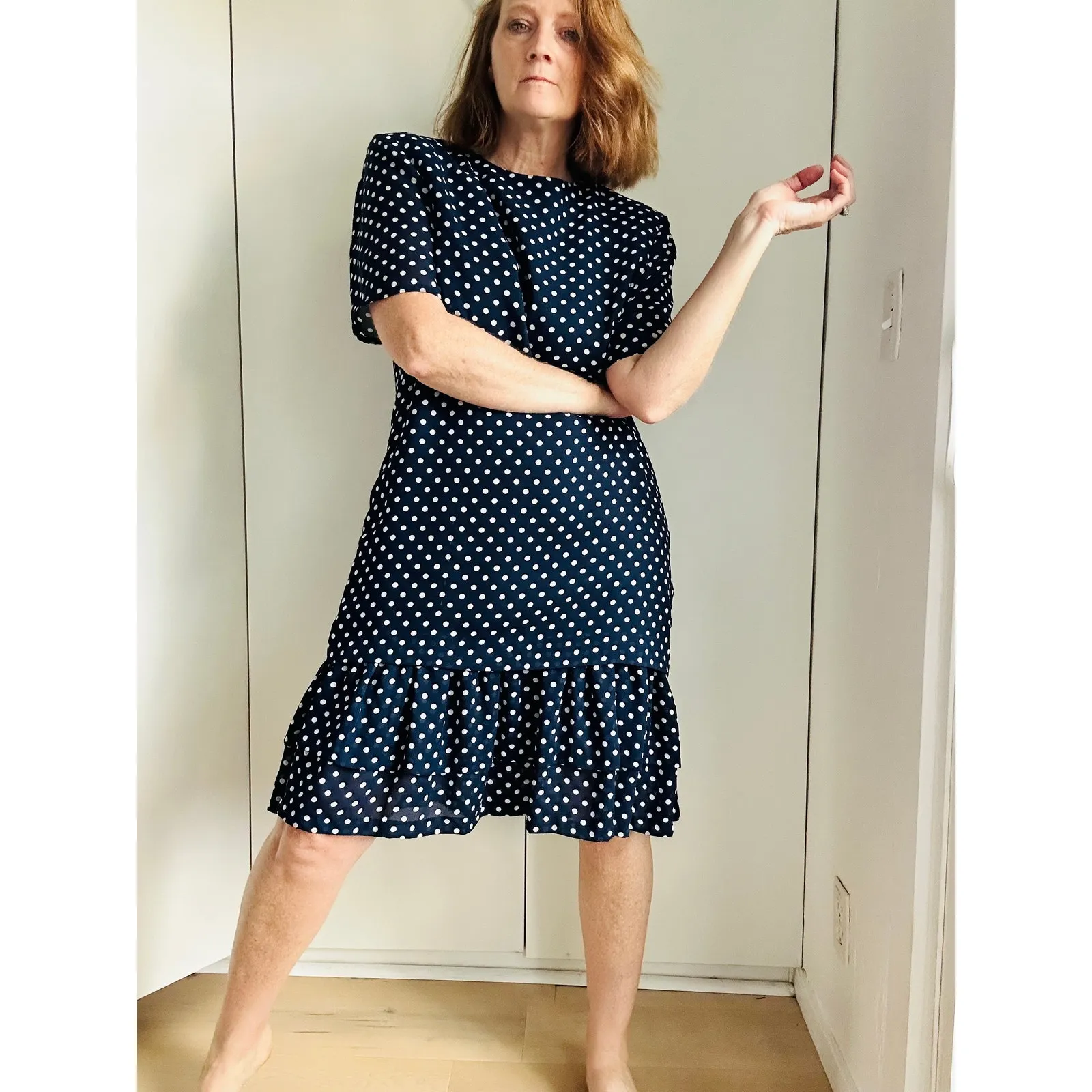 Vintage Navy/White Polka Dot Womens Dress Sheath 80s Retro Fun Whimsy USA Made Blue Size 10 - Image 3