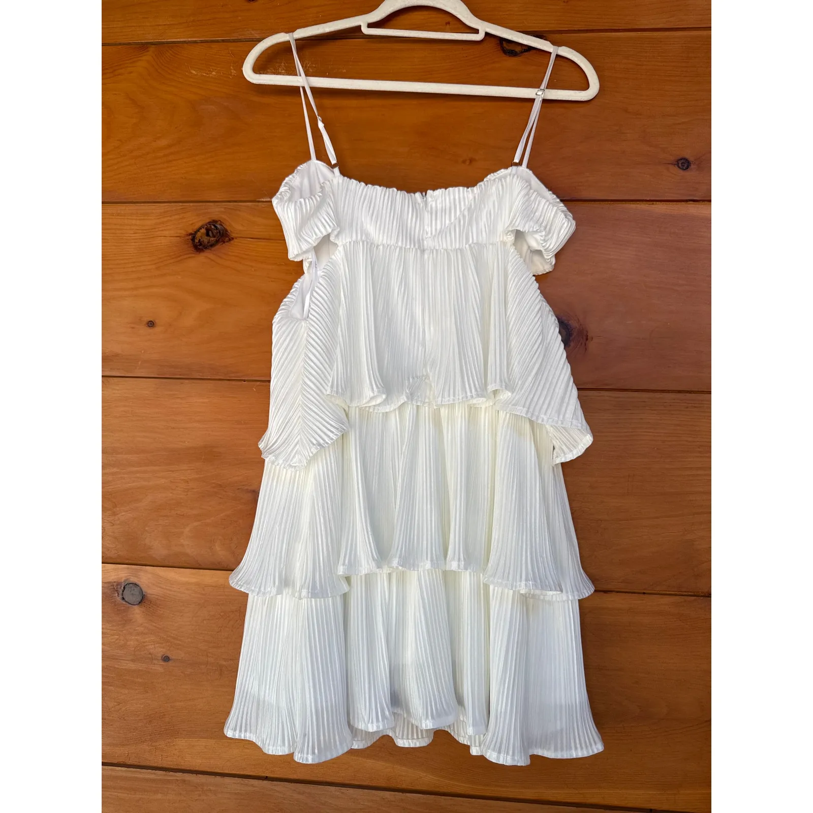 NWT Lulus Sleek Dedication White Satin Plisse Cutout Tiered Mini Dress Size XL - Image 4