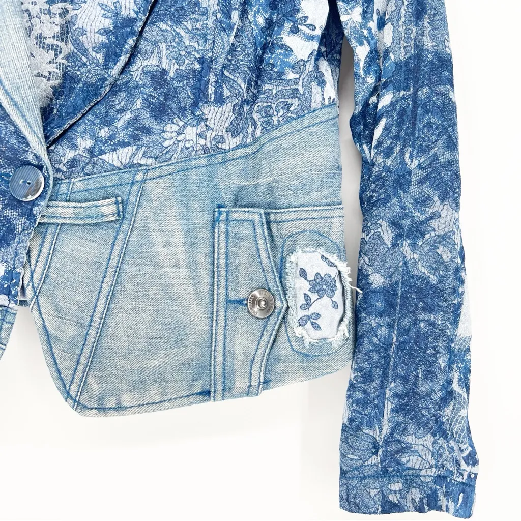 Desigual NWT  Satin Denim Patchwork Blazer‎ 38 (Small) Blue - Image 5