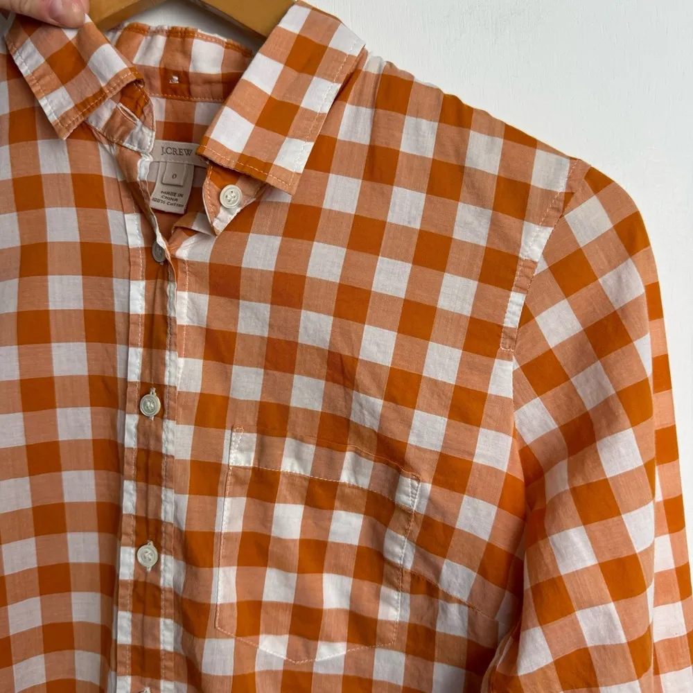J. Crew Gingham Preppy Plaid Button Down Top Sz 0 Spring Orange White Cotton - Image 7