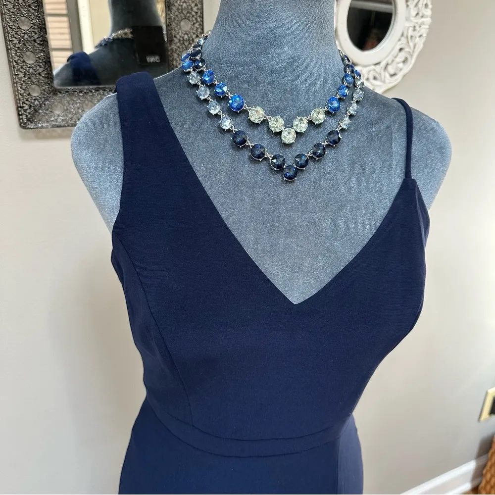 Xscape Womens Navy Knit Asymmetrical Neck Formal Evening Dress Gown 4 High Slit - Image 3