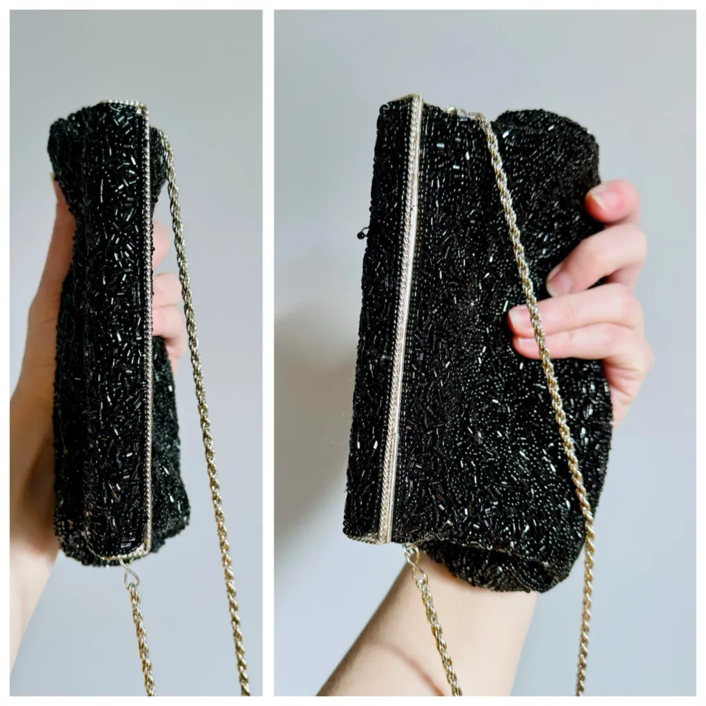 La Regale Scalloped Black Beaded Ornate Evening Clutch Purse, Crossbody Chain - Image 10