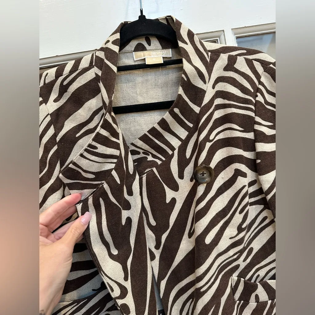 Michael Kors 100% Linen Brown Cream Chic Zebra Print Cropped Blazer Size 8 Med - Image 3