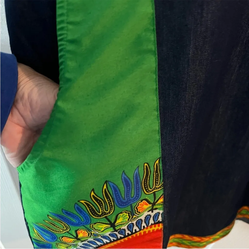 Lapogee Womens Ethnic Dashiki Tribal Navy Shift Dress Size M Pockets Denim Blue Size M - Image 5