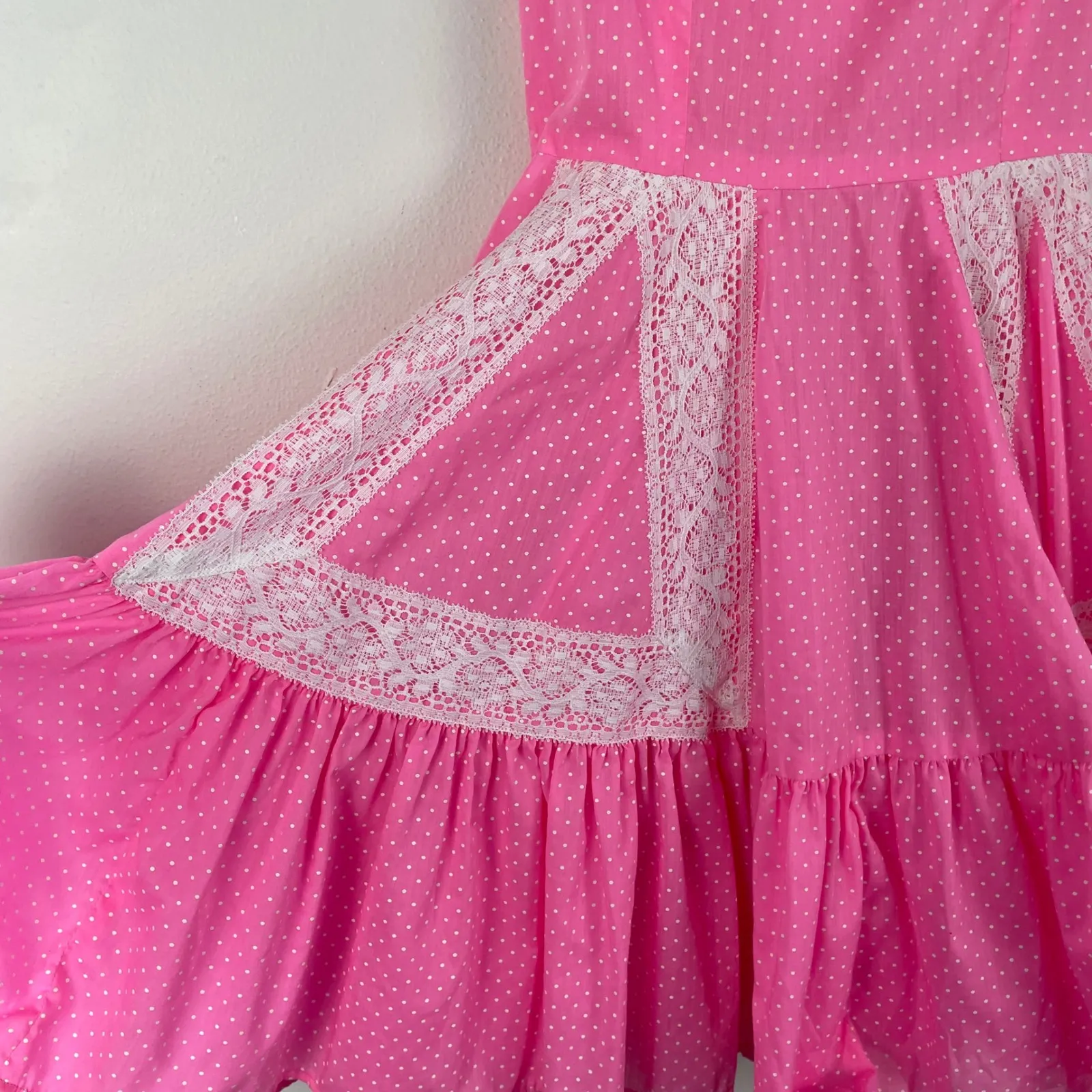 Kate Schorer Originals Pink White Polka Dot Lace Prairie Dress VTG Square Neck M Size M - Image 4