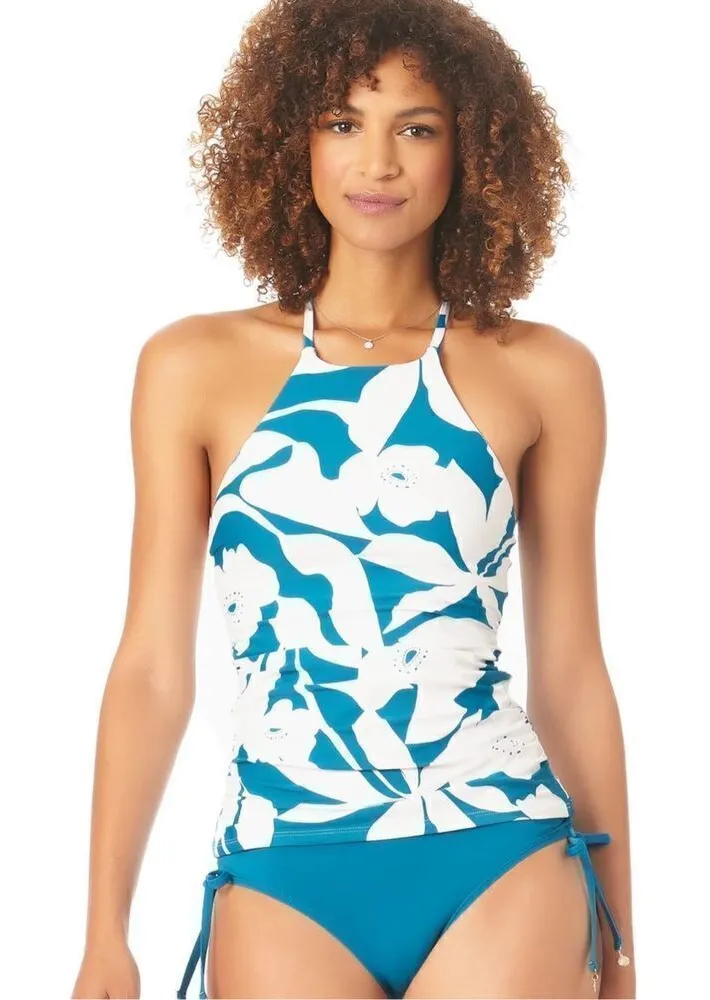 New. Anne Cole teal and white floral tankini top. Medium . Retails $82 - Image 1