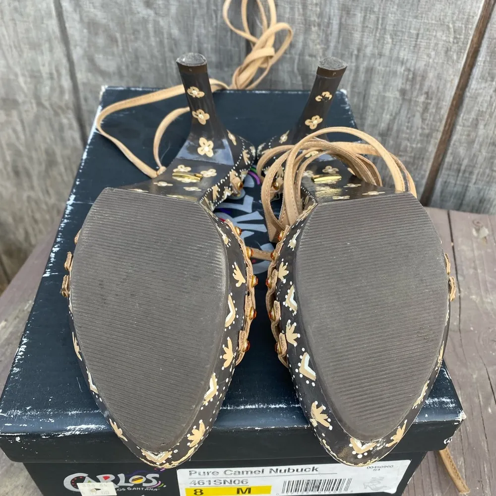 Carlos Santana Pure Camel Nubuck Wooden Floral Hand Painted Strappy Heels Size 8 Brown - Image 3