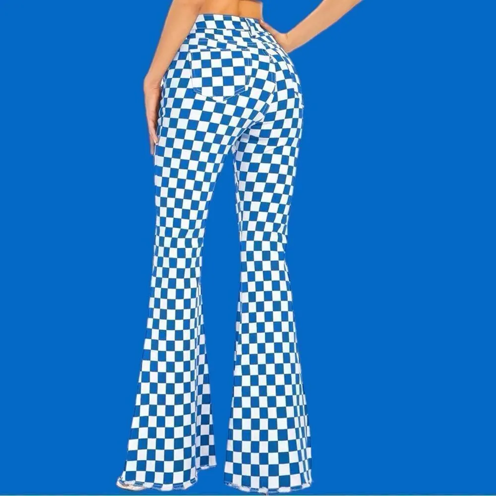 A beautiful soul awesome wide flared bell bottom blue and white checkere… Size 10 - Image 4