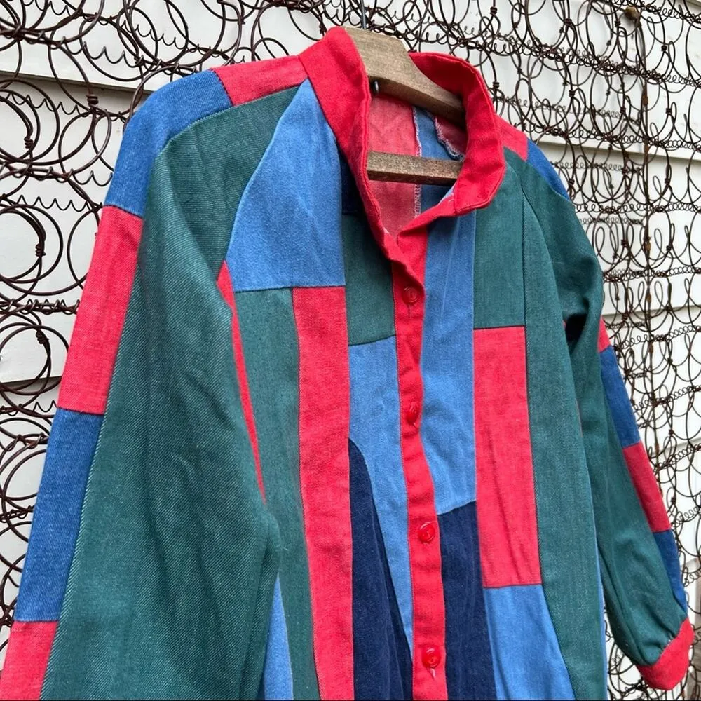 Vintage handmade color block denim patchwork jean jacket - Image 2