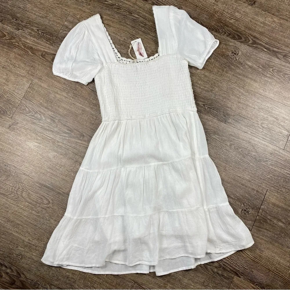 Jessica Simpson Dress Women M White Square Neck Tiered Rayon Lined Mini Crochet - Image 5
