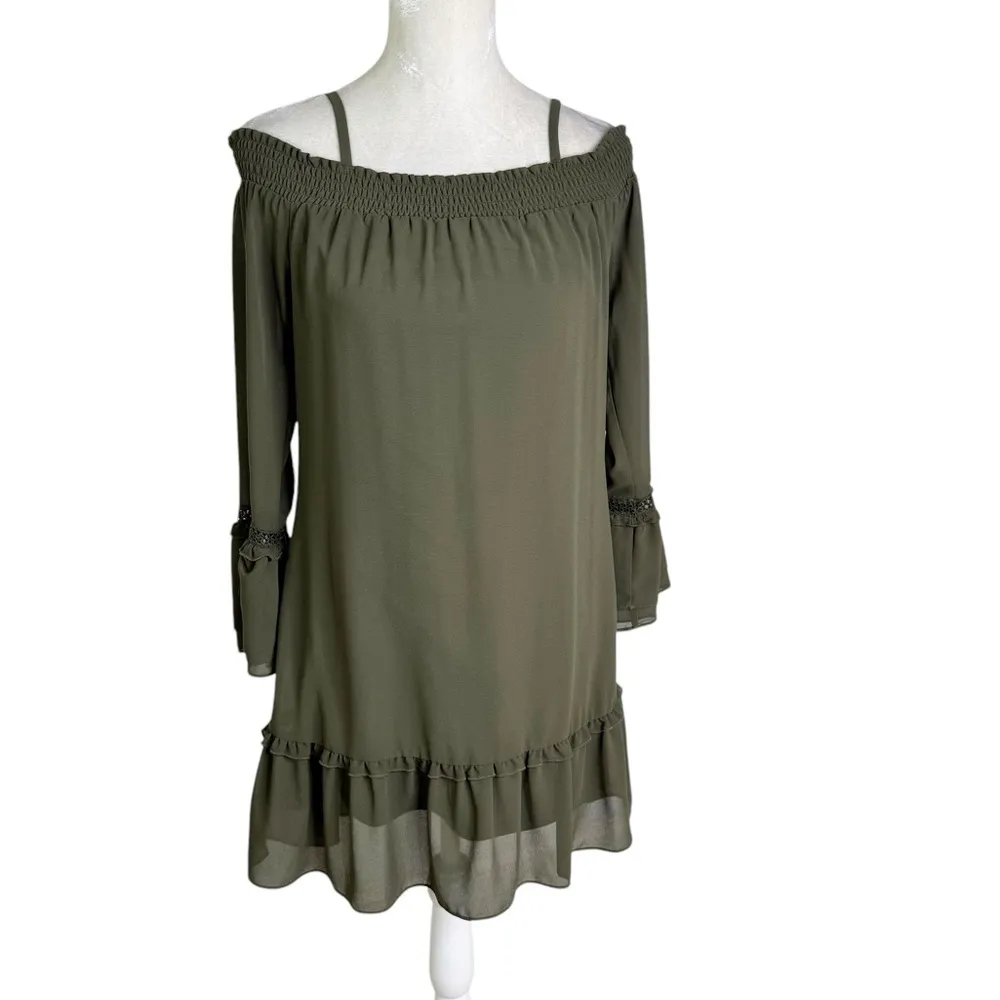 I.N. San Francisco Off Shoulder Peplum Sleeve Mini Dress Olive Green Size S NWT - Image 2