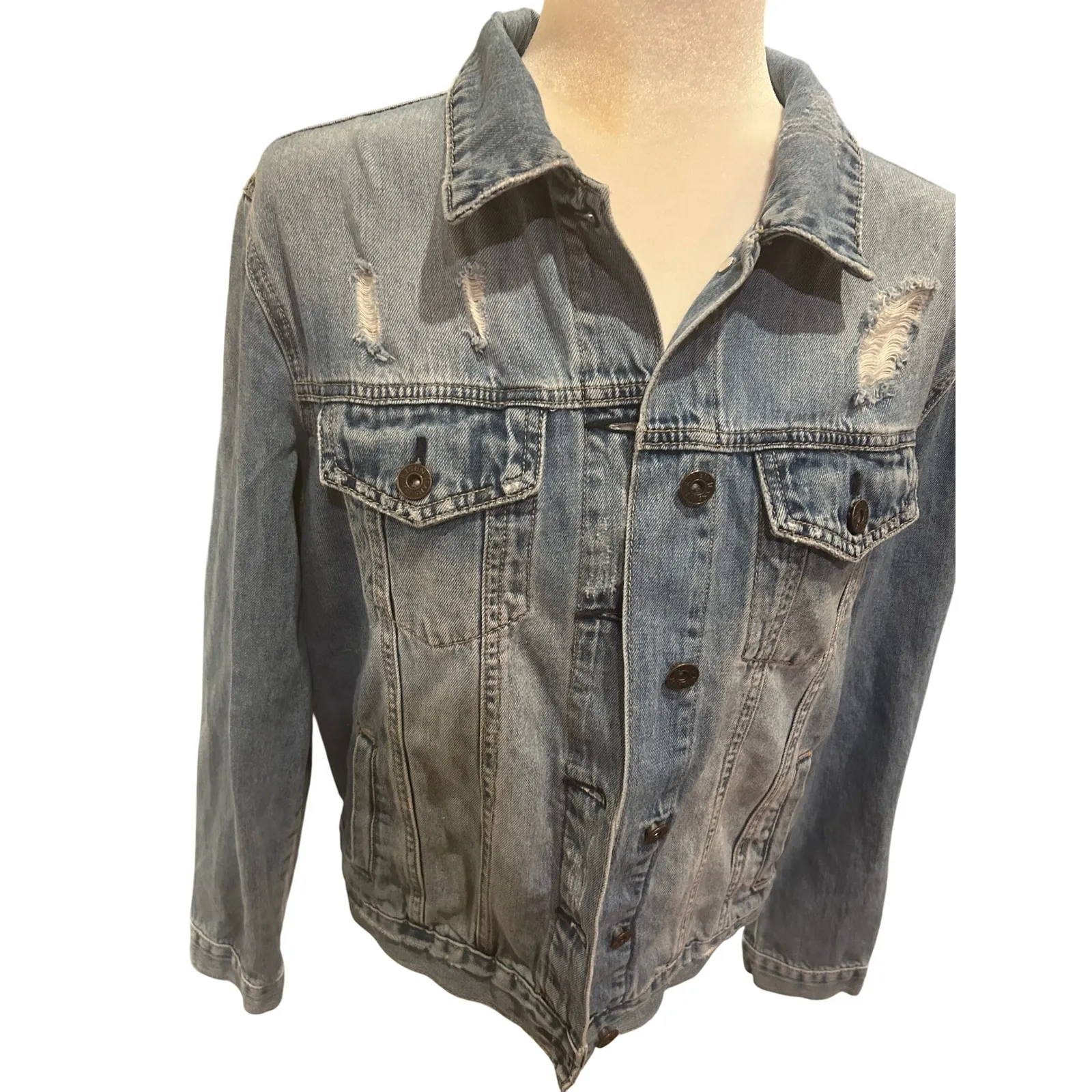 Denim Jacket Aztec Blanket Back Distressed‎ Jean Coat Western Style Blue Size M - Image 5