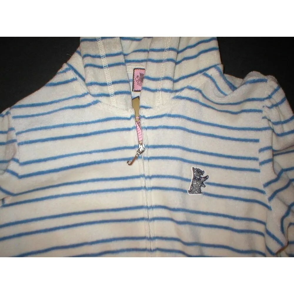 New $148 Womens Medium Juicy Couture Terry Hoodie White Blue Dog Jacket Stripes - Image 2