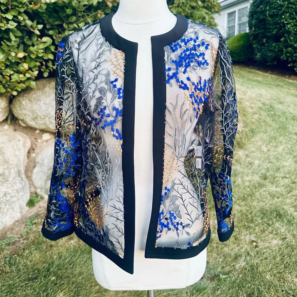 Nipon Boutique Elegant Sheer Embroidered Tulle Jacket Top Black Size 8 - Image 5