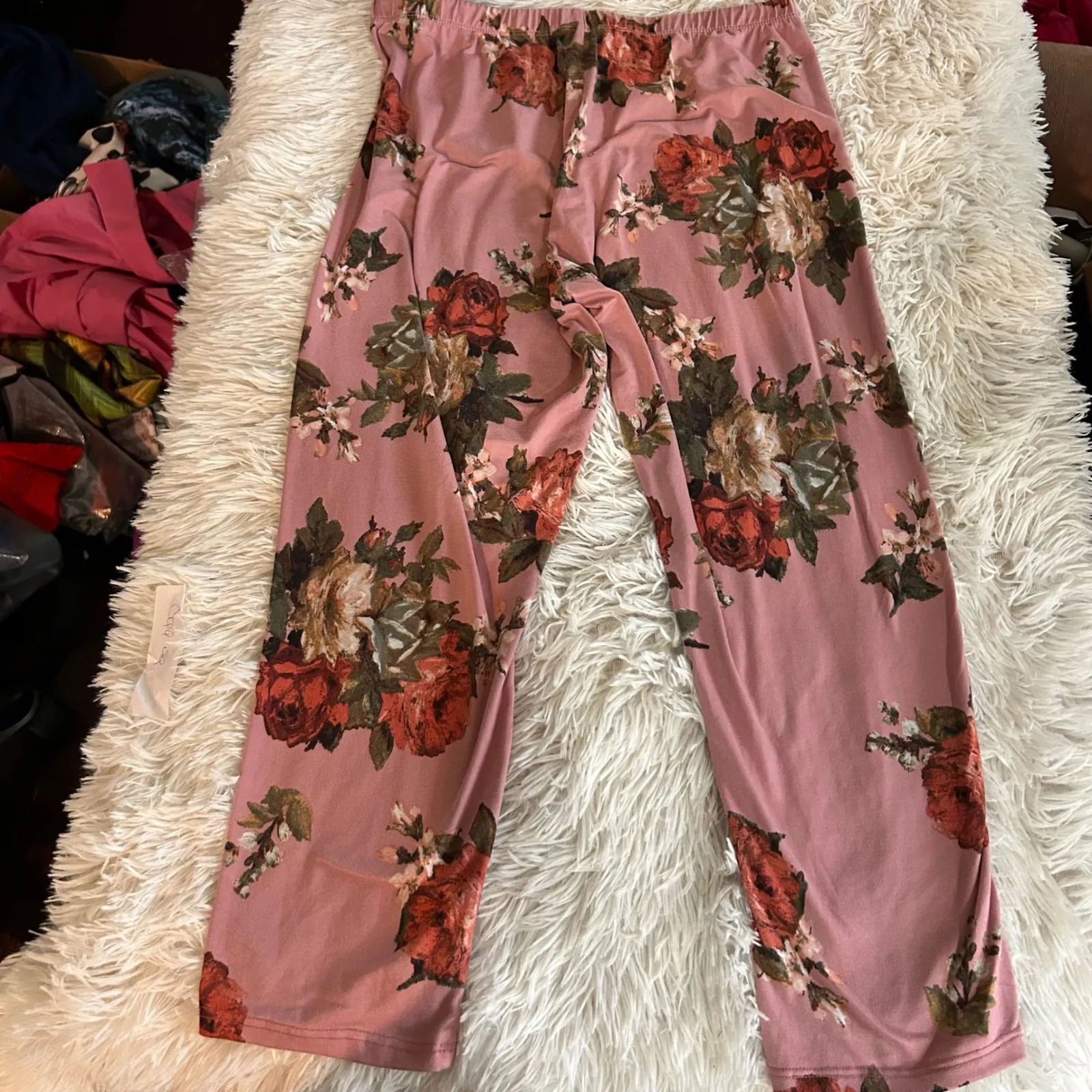 Floral Print Pants Women's Plaid‎ Casual Comfy Elastic Waist Stretch Leggings Gray Size M - Image 6