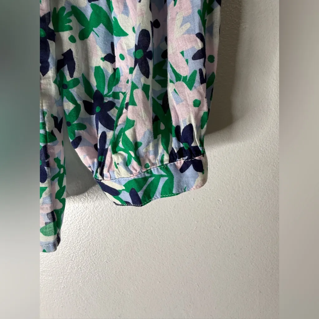 TALBOTS Lightweight‎ Floral Blouse Ruffle Collar 100% Cotton Natural Fiber Large - Image 3