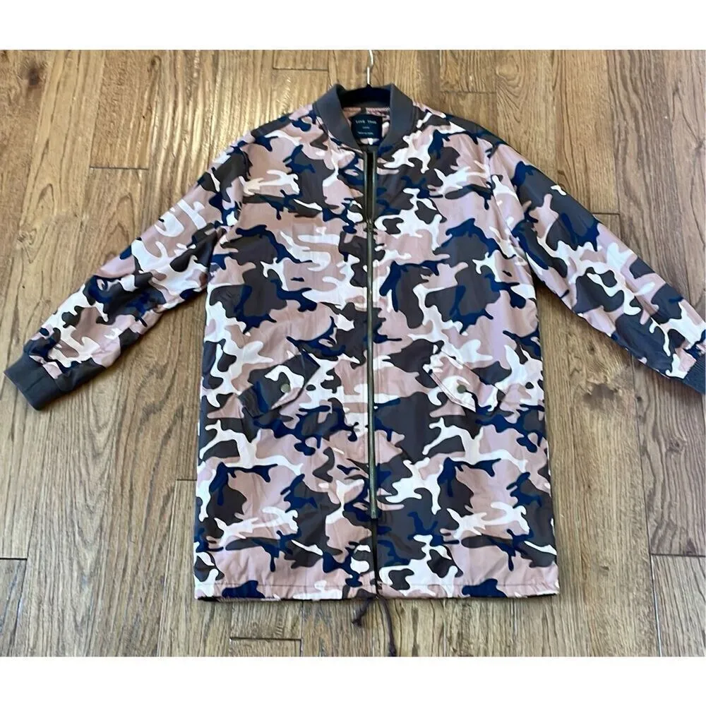 Love Tree pink brown camo long bomber jacket size large - Image 11